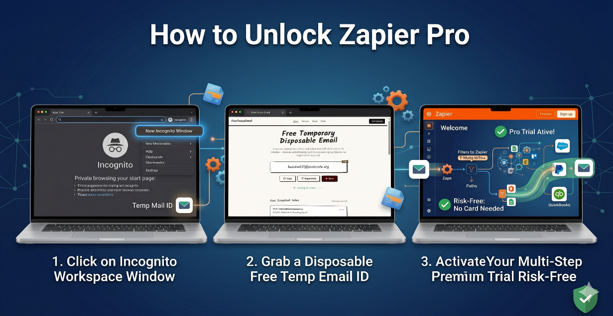 Step-by-step diagram for signing up to Zapier Pro free trial using a temporary email address