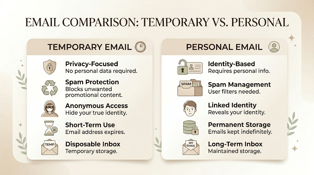 Infographic comparing temporary email and personal email features