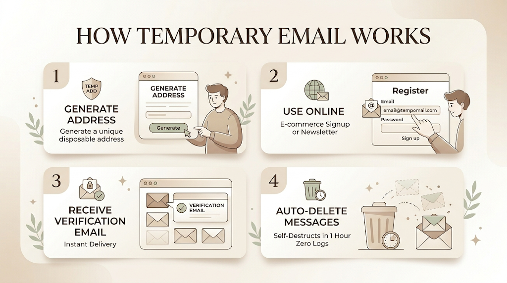 Four-step infographic showing how temporary email works