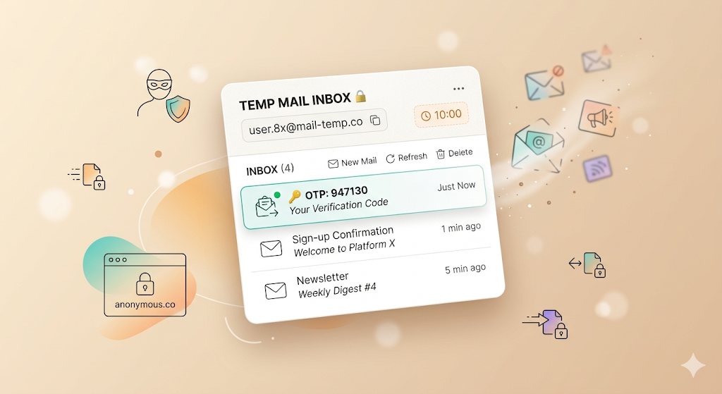 Temporary email inbox showing OTP verification code delivery